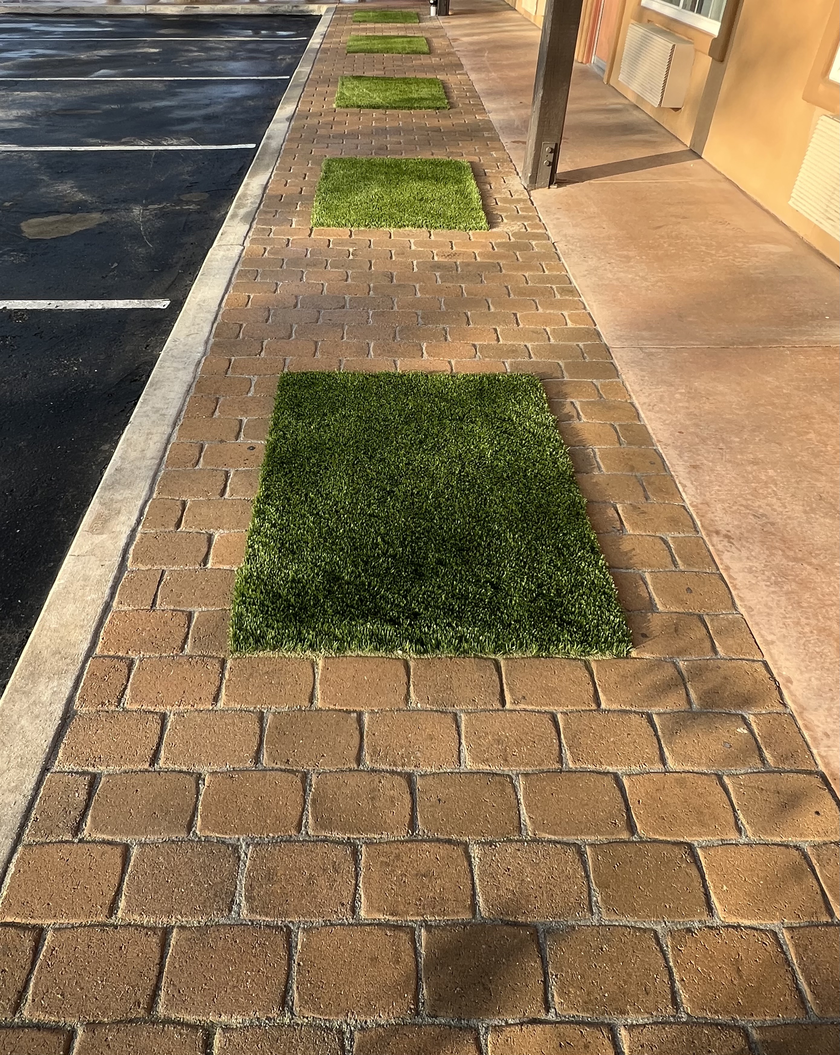 Decorative paver walkway with artificial turf accents